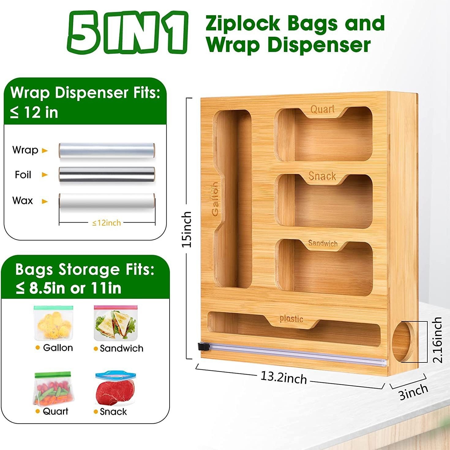Food Storage Dispenser - Soporte Ziplock de bambú para bolsas